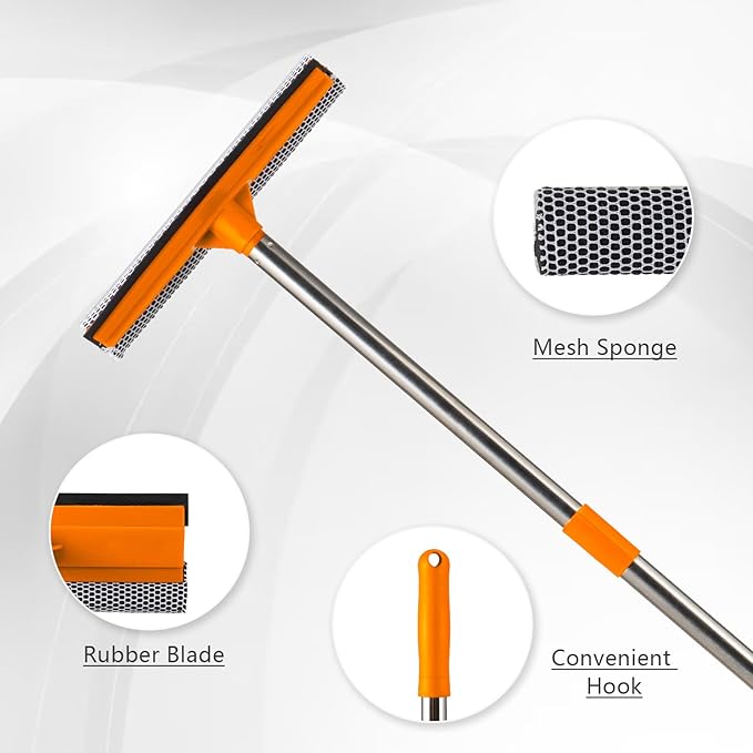 2 in 1 Window Squeegee for Home,15.9" Car Window Cleaner with Long Stainless Steel Handle,Sponge Car Squeegee for Gas Station, Glass,Shower,Outdoor High Window Cleaning