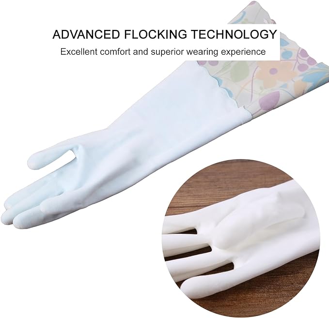 Bamllum 3 Pairs Rubber Cleaning Gloves, Household Kitchen Dishwashing Gloves with Cotton Flocked Liner, Long Cuff 16 Inches (Blue+Yellow+White, Large)