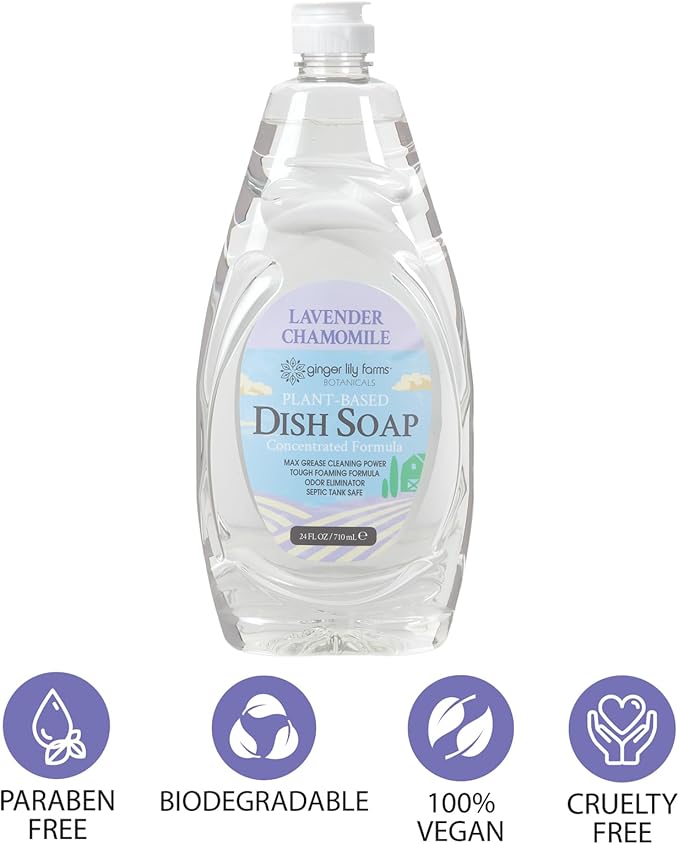 Ginger Lily Farms Botanicals Plant-Based Liquid Dish Soap, Concentrated Formula with Max Grease Cleaning Power, Cruelty-Free, Lavender Chamomile Scent, 24 Fl Oz (Pack of 8)