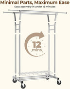 HYSEYY Heavy Duty Clothes Rack, Rolling Clothing Rack for Hanging Clothes with Shelves Load 700LBS,Portable Garment Wardrobe Closet Rack with Wheels for Bedroom,Laundry Room,Retail Store,Silver