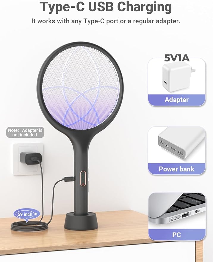 YISSVIC Electric Fly Swatter 4000V Bug Zapper Racket Dual Modes Mosquito Killer with Purple Mosquito Light Rechargeable for Indoor Home Office Backyard Patio Camping (Black-2 Pack)