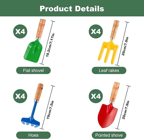 16 Pcs Gardening Tools Metal Garden Beach Sandbox Digging Including Shovel, Rake, Fork and Trowel, Garden Beach Sand Tools with Wooden Handle Hoe for Gift Outdoor Gardening