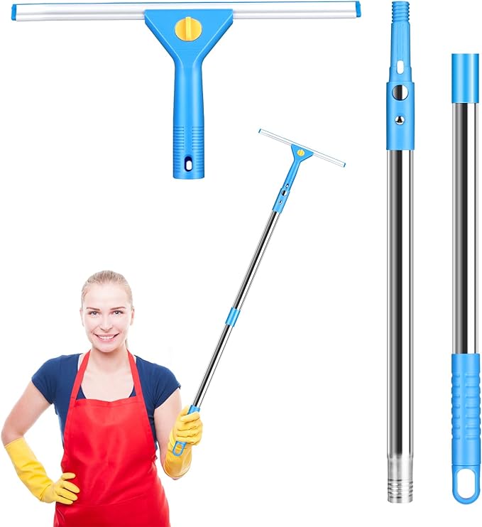 3m Window Cleaner Tool Kit with Long Handle, 35cm Window Washing Squeegee & 38cm Scrubber Cleaning Equipment for High Windows, Shower Glass, Car, RV (Blue)