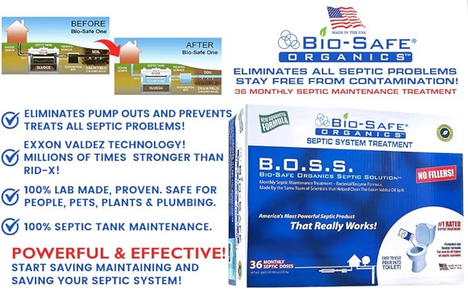 B.O.S.S. Bio-Safe Organics Septic Tank Treatment 36 Month Supply 2.5 oz Bags - Patented Bact Enzyme Exxon Valdez Septic System Monthly Maintenance Formula - Treats All Septic Systems - 3 Pack