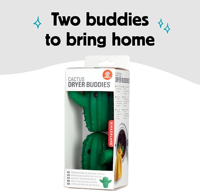 Kikkerland Set of Two Reusable Dyer Buddies for Laundry – Fabric Softener Dryer Balls – Control Static, Remove Wrinkles, Dry Clothes Faster, Cactus