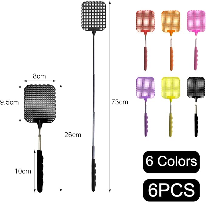 6 Pieces Extendable Fly Swatter, Manual Fly Swatter, Portable Plastic Fly Swatter for Flies, Mosquitoes and Insects - Red/Orange/Yellow/Pink/Purple/Black