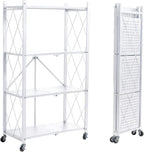 BRIAN & DANY 4-Tier Foldable Storage Shelves with Wheels, Folding Metal Rack Shelving Unit, Heavy Duty No Assembly Organizer Shelf for Garage, Kitchen, Pantry, White