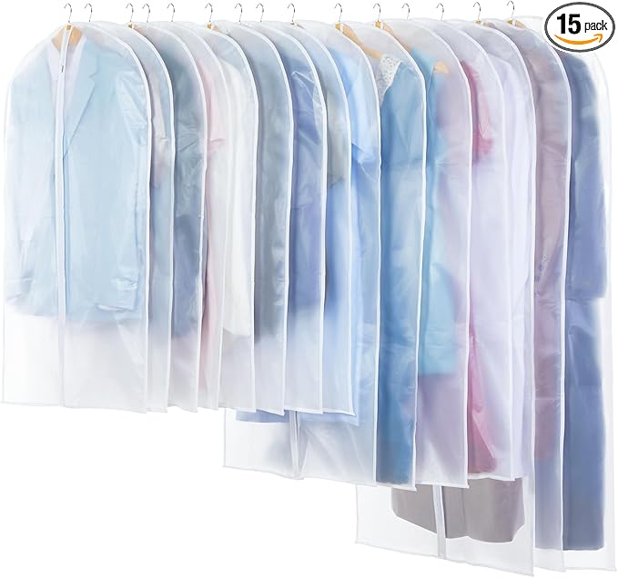Carbrea Translucent Garment Bag - 15 Packs Garment Bags for Hanging Clothes Dress Bag Suit Bags for Closet Storage Travel - 24" x 40"/47"/55"