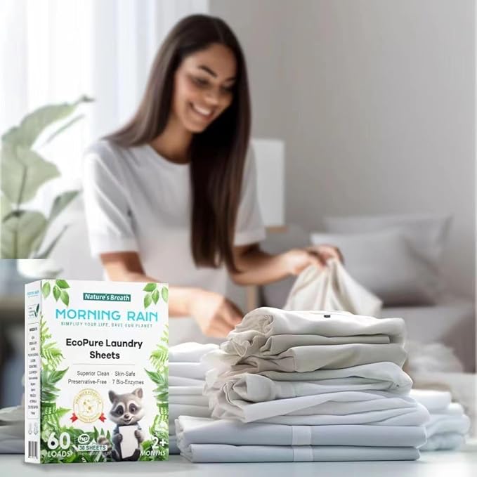 MorningRain Eco-Safe Laundry Detergent Sheets - Ingredients from Finland, Natural Scent, Bio-Enzyme Formula, Power clean, 30 Sheets (Up to 60 Loads) - Non-Toxic, Preservative-Free, Designed in USA