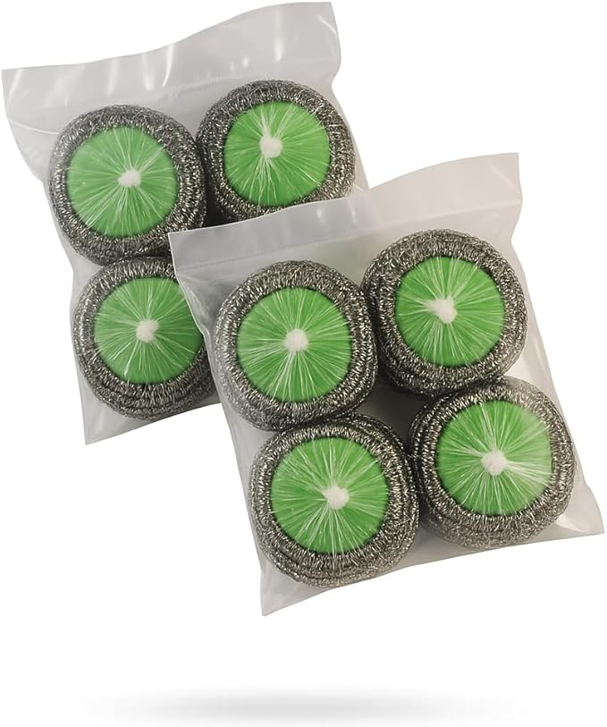 8-Pack Ring King Steel Wool Scrubber Pads for Cleaning Dishes, Pans, Pots, Ovens, Grills, Sinks. Pure Stainless Steel Scrubbers with Wrap-Up Sponge - Heavy-Duty Kitchen Cleaning Pads