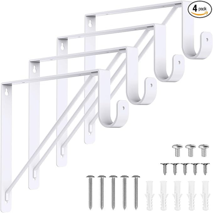 Supforce 4 Pack Closet Rod Bracket, Heavy Duty Closet Rod Support with Rod Holder, Wall Mounted Closet Shelf Brackets with Triangle Stabilizing Design for Closet, Bathroom and Kitchen, White