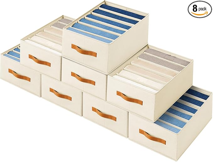 Homsorout Closet Organizers and Storage - Fabric Clothes Organizer with Handles, Foldable Jeans Organizer for Clothes, Drawer Organizer for Shirts, Bra, Sweater, Scarf, 8 Pack, Beige