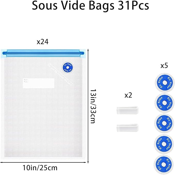 Sous Vide Bags 31 Pcs (24 Pcs Vacuum Zipper Bags & 2 Seal Clips & 5 Air Valves), Reusable BPA Free Vacuum Sealer Bags (13 * 10 in) Vacuum Food Storage Bags for Cooking/Food Storage/Microwave Heating