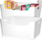 FINESSY White Plastic Storage Bins for Shelves, Small Closet Kitchen Storage Containers for Pantry Bathroom Office Organization Baskets, Cabinet Organizing Containers, White Organizer Bins for Shelves