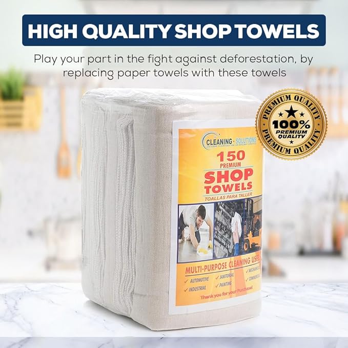 SIMPLI-MAGIC Cotton Shop Towels 14"x12" (145 Pack) – Reusable Cleaning Shop Rags for Automobiles, Industries, Garage and Homes (White)