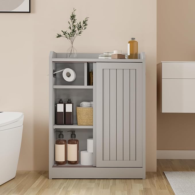 Small Bathroom Cabinet, Bathroom Storage Cabinet with Sliding Doors - Slim Space Saving Design, Adjustable Shelves, Toilet Paper Holder & Brush Compartment, 31.5"x23.6"x7.9" Inches, Grey