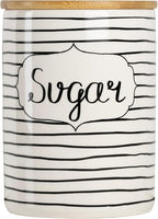 10 Strawberry Street Labeled Ceramic Kitchen Canister Set, Set of 3, Coffee Sugar Flour, White/Black, Bamboo Lids