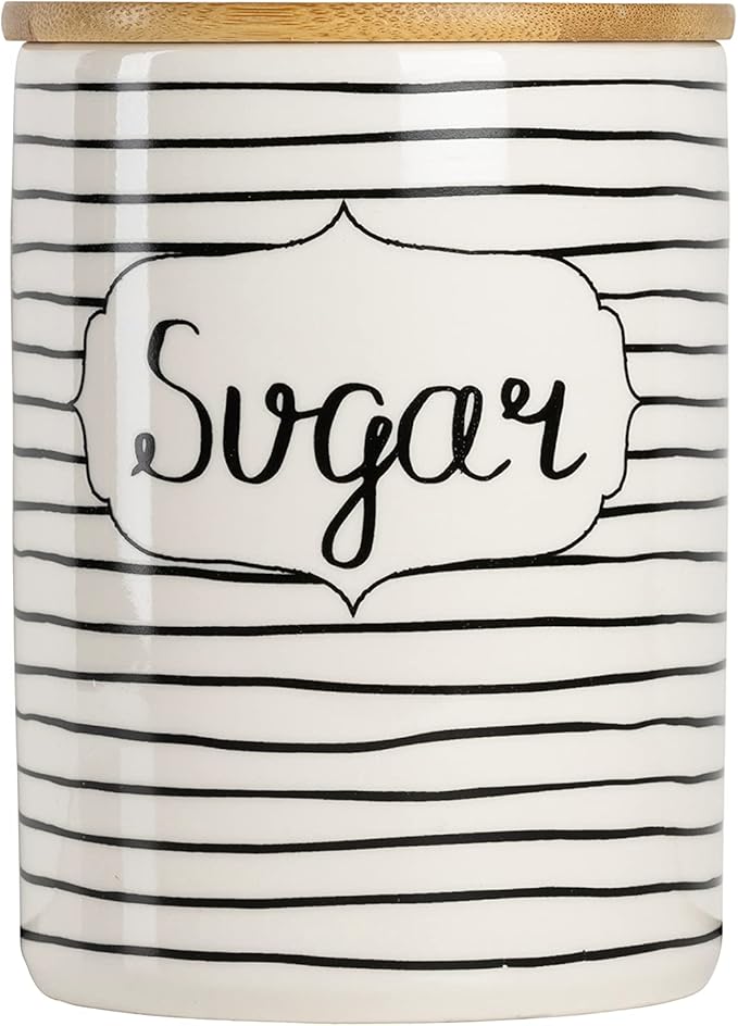 10 Strawberry Street Labeled Ceramic Kitchen Canister Set, Set of 3, Coffee Sugar Flour, White/Black, Bamboo Lids