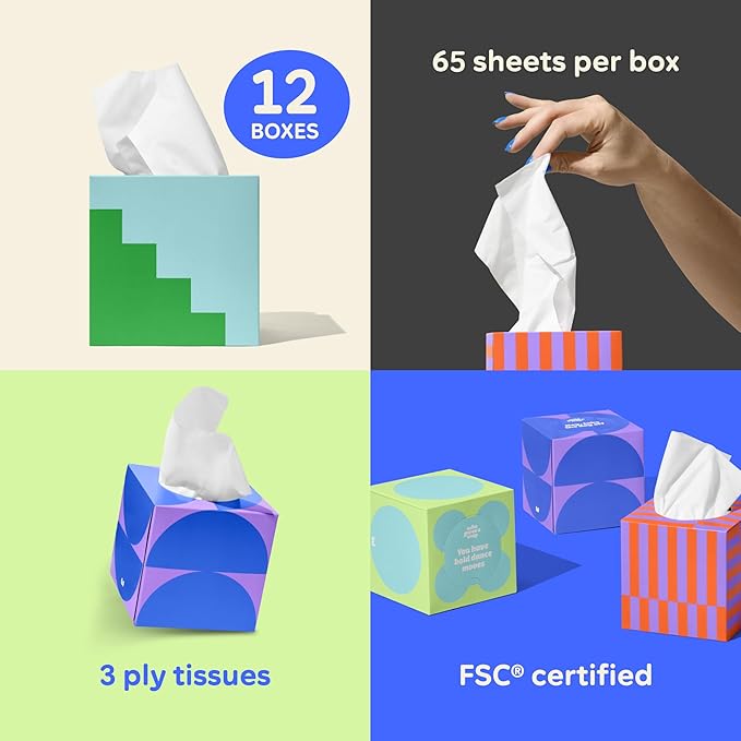 Who Gives a Crap Bamboo Tissues, Facial Tissue Cube Boxes, 100% Bamboo, 3 Ply, 12 Boxes, 65 Sheets per Box, Soft, Strong, and Sustainable, Eco Friendly With Plastic Free Packaging, 780 Total Tissues
