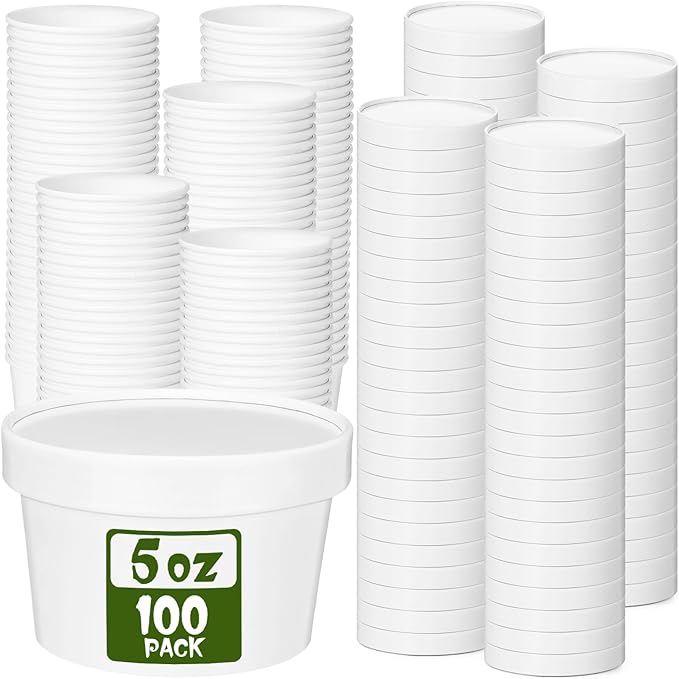 Fulmoon 100 Pack Paper Soup Containers with Lids Disposable Paper Food Containers with Vented Lids Kraft Ice Cream Bowls Ice Cream Cups Soup Cup for Restaurants(5 oz,White)