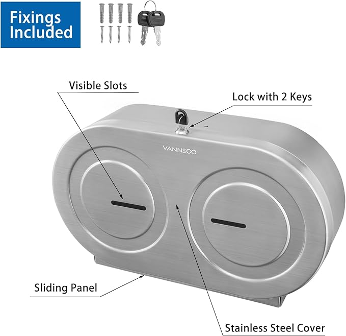 Twin Jumbo Toilet Paper Dispenser Wall Mount, 9" Commercial Stainless Steel Double Roll Toilet Paper Holder, Industrial Large Tissue Dispenser with Lock, Brushed