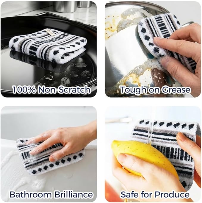 Amarelle GEN II Dish Washing Scrubbers (3-Pack), Made in Green Kitchen Scrubbers for Dishes, Non Scratch Pot & Pan Scrubber, Heavy Duty GOTS Organic Cotton Scouring Pads, Reusable (Metro Sketch)