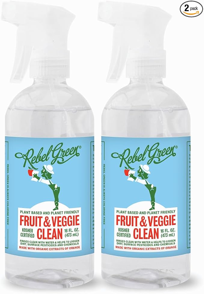 Rebel Green Fruit & Veggie Clean - Plant-Based Produce Cleaner - Natural Fruit and Vegetable Wash with No Aftertaste - Chemical & Wax Removal - Made with Organic Extracts of Citrus - 2 Pack 16 FL OZ