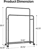 Simple Trending Clothing Clothes Rack Double Rods with Wheels, Rolling Metal Garment Rack for Hanging, Black