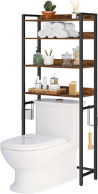 MAHANCRIS Over The Toilet Storage Rack, 4 Tier Bathroom Organizer Over Toilet, Freestanding Space Saver Toilet Stand with 2 Hooks, Bathroom Storage Shelf, Easy to Assemble, Rustic Brown TSHR0401Z