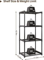 4-Tier Storage Shelves with Plastic Connectors – Metal Shelf Organizer for Pantry, Closet & Bathroom, Space-Saving Sturdy Shelving Unit Rack, Black, 17.3" x 12.8" x 42.9"