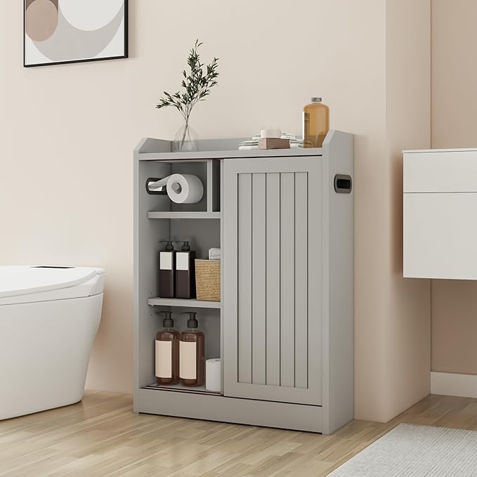 Small Bathroom Cabinet, Bathroom Storage Cabinet with Sliding Doors - Slim Space Saving Design, Adjustable Shelves, Toilet Paper Holder & Brush Compartment, 31.5"x23.6"x7.9" Inches, Grey