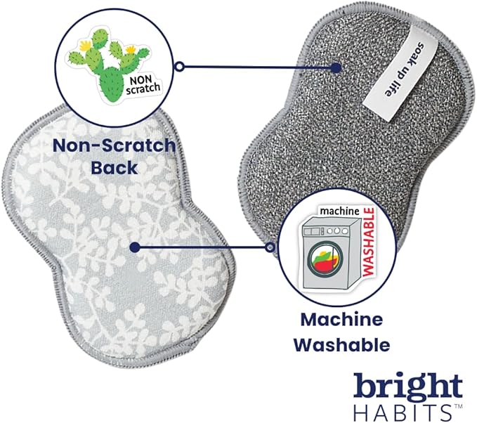Sponge Set in Laurel Grey, 6 Pack Super Absorbent Washable Reusable Cleaning Sponges Made from Recycled Materials, Durable Eco Friendly Kitchen Sponges