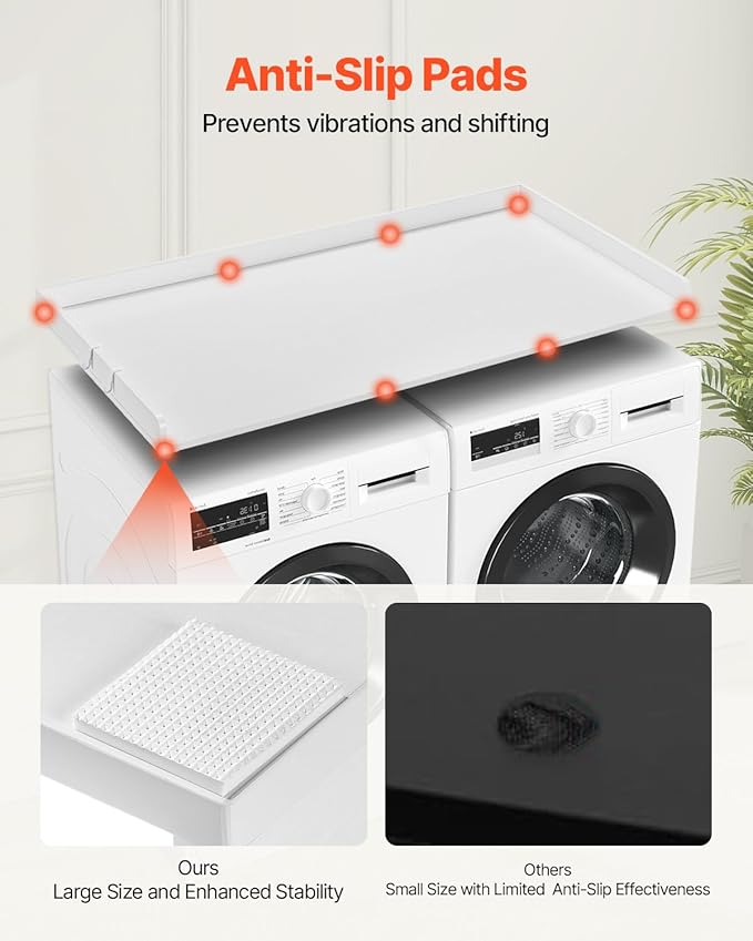 VEVOR Washer Dryer Countertop, 54" x 27" Wooden Washer and Dryer Countertop, Water-Resistant Laundry Machine Topper Cover with Anti-Slip Pads, for Laundry Room Organization and Storage, White