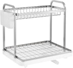Sakugi 2-Tier Dish Drying Rack - Stainless Steel Dish Rack with Cutlery & Utensil Holders for Kitchen Counter, Sink Organization and Storage for Small Family, 15" W x 11.4" L x 15" H, Silver
