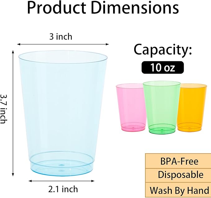 DaYammi 100 Pack Colorful Plastic Cups 10 Oz Disposable Cups Neon Glowing Plastic Party Cup, Assorted Neon Colors for Wedding Wine Glasses Heavy Duty Disposable Tumblers Drinking Cocktail Glasses