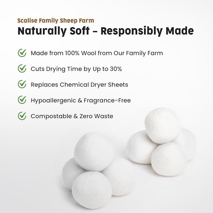 Scalise Family Sheep Farm Wool Dryer Ball by Scalise Family Sheep Farm – Reusable Dryer Balls Wool for Faster Drying & Less Static – Eco-Friendly, Chemical-Free