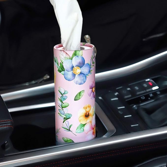 200 Sheets Car Tissues Holder with Facial Tissues 3-ply Travel Tissue Tubes 4 PK Tissues Box Container Perfect Fit for Car Cup Holder Cylinder (Pink)