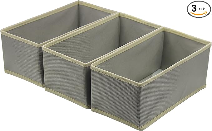 Bructhun Sock Drawer Organizer 3 Pack - Foldable Fabric Storage Bins for Underwear Divider, Small Closet Organizers with 3 Compartments, Light Gray
