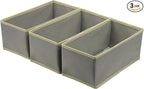 Bructhun Sock Drawer Organizer 3 Pack - Foldable Fabric Storage Bins for Underwear Divider, Small Closet Organizers with 3 Compartments, Light Gray