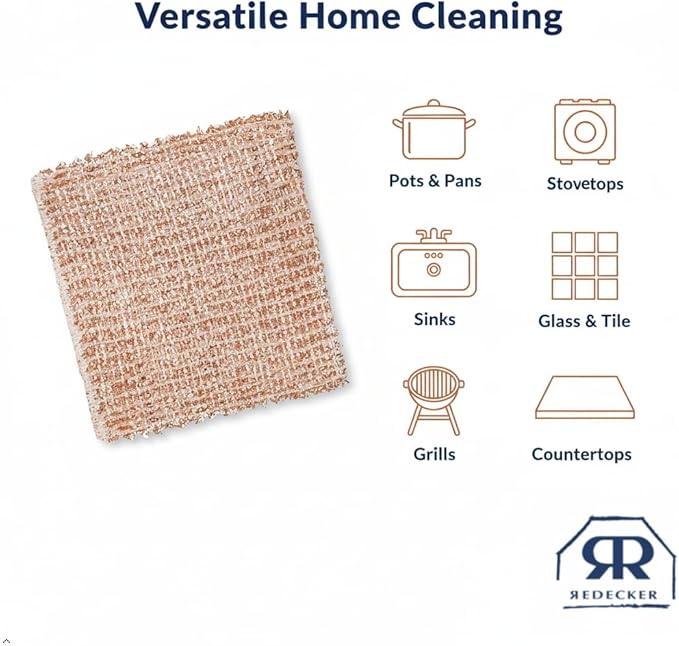 Redecker Large Copper Cleaning Cloth – 10 Pack – Woven Copper Scrubber for Pots Pans Sinks and Stainless Steel – Removes Burnt Food Residue – 10 x 10 in – Made in Netherlands