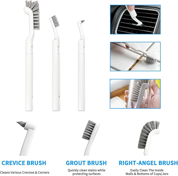 Hard Bristle Crevice Cleaning Brush Set with 4Pcs Brush Heads & 2Pcs Handles, Multifunctional Grout Brush Tools for Kitchen, Bathroom, Sink, Corner, Mug, Blender, and Hard-to-Reach Areas