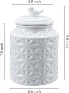 MyGift 6 Inch Round White Ceramic Cookie Jar with Airtight Lid and Bird Shape Top Handle, Vintage Style Kitchen Canister with Embossed Geometric Star Pattern