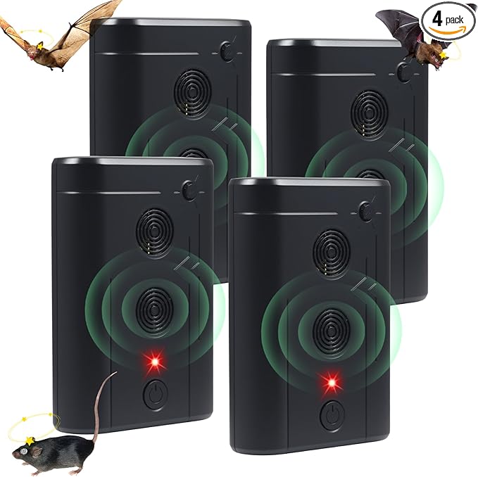 4 Pack Ultrasonic Bat Repellent Devices- Adjustable Frequency Convenient Bats Removal Device& Bird Repeller,Suitable for Bat Repellent for Attic for Home, Garage, Warehouse and Porches.
