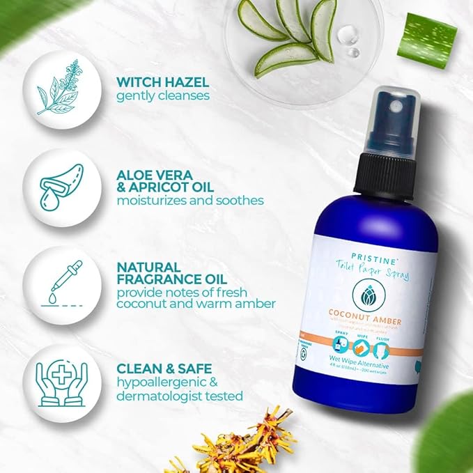 PRISTINE Toilet Paper Spray- As Seen on Shark Tank, More Natural Personal Cleansing Wipes & Flushable Wet Wipes Alternative, Spray Toilet Paper to Create Flushable Wipe, Coconut Amber, 32 fl oz Refill