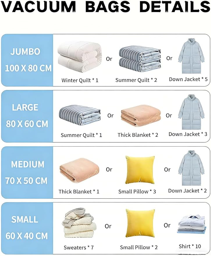 Vacuum Bags for Travel with Pump,8 Pack Vacuum Storage Bags for Bedding and Clothing,Space Saver Bags for Travel and Home(with Hand Pump, Small 40 * 60)