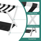 Smuxee White Bamboo Luggage Rack for Guest Room, Foldable Suitcase Stand with Storage Shelf, Easily Assembled Luggage Stand with 5 Nylon Straps for Guest Room Bedroom Hotel