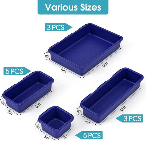 16 PCS Drawer Organizer Set, 4 Size Makeup Drawer Divider Organizer With Non-Slip Pads, Interlocking Plastic Storage Bins for Office,Jewelry Vanity,Gadgets, Bathroom,Kitchen, Navy
