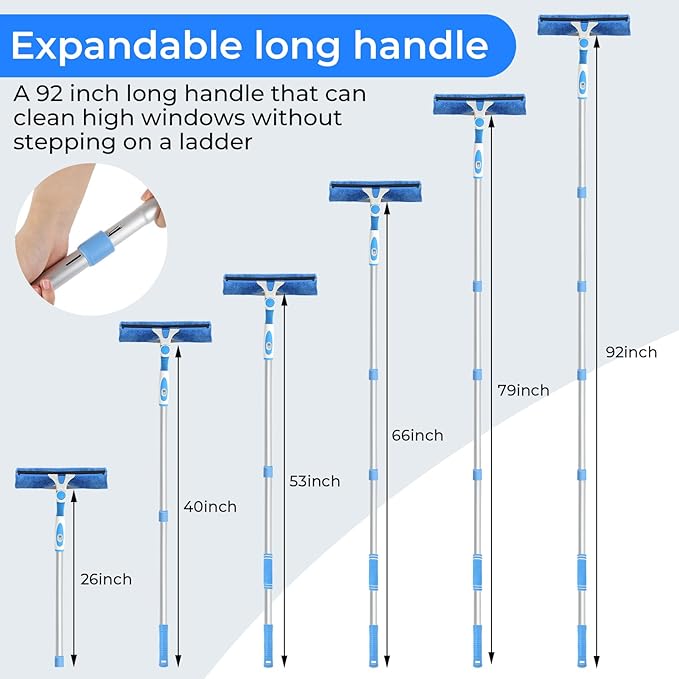 Window Squeegee Cleaner,2 in 1 Shower Squeegee with Extension Pole,92” Extendable Window Cleaning Kit with Bendable Head,Glass Cleaning Tools for Indoor Outdoor High Windows,Car Windshield