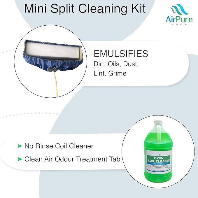 Mini Split Cleaning Kit with 3.78L No-Rinse Coil Cleaner, Sprayer, Odor Treatment Tab & Protective Bag - Removes Dirt & Grime for Heat Pump, AC, HVAC - Fits Units Up to 50 Inches