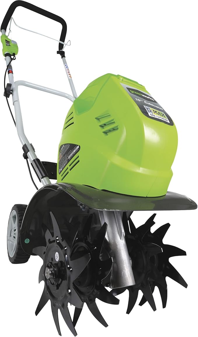 Greenworks 40V 10" Cordless Tiller / Cultivator, 4.0Ah Battery and Charger Included, Green
